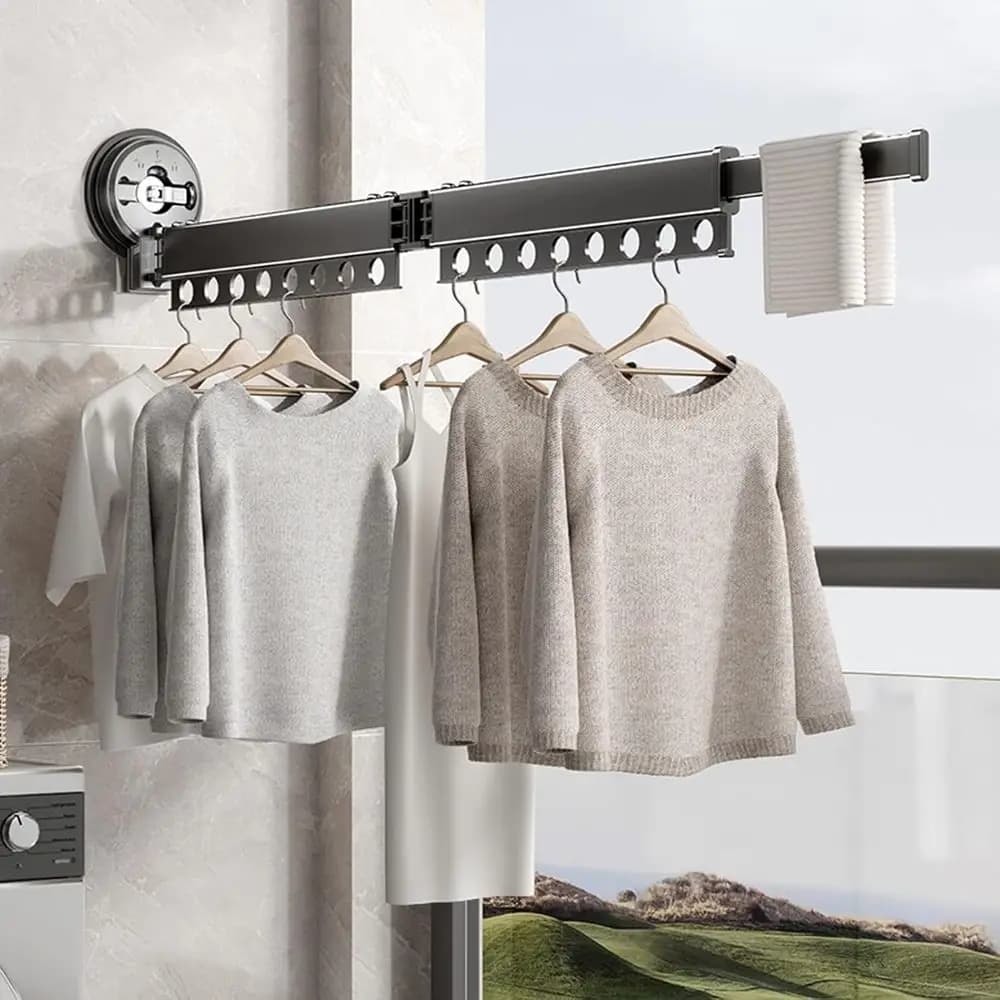 Stendibiancheria Pieghevole Portatile da Interno con Ventose, Montaggio a Parete, Design Salvaspazio, Portasciugamani Incluso, Grigio
