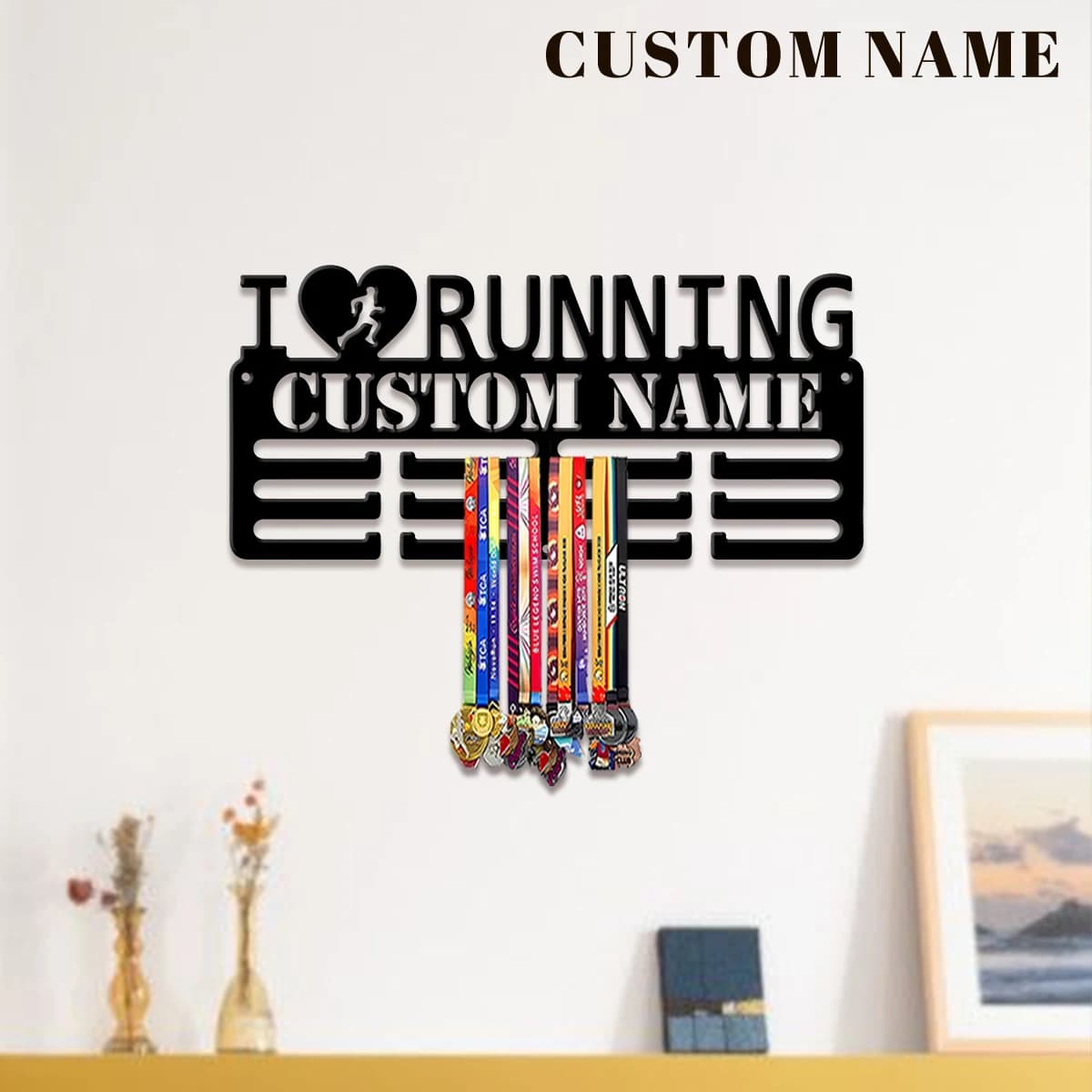Custom I Love Running Metal Medal Display Rack, Valentines Gift, for Room Decor, Suitable for Basketball, Football Exercise