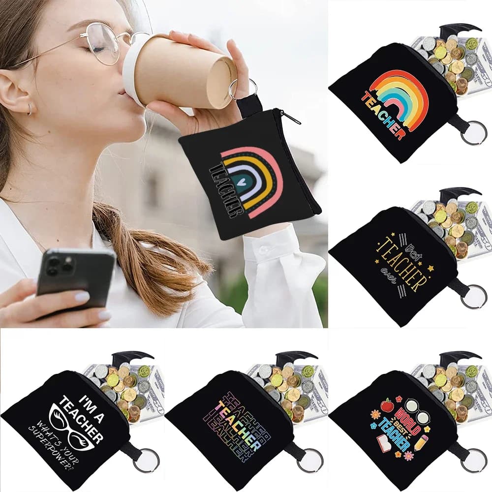 Portafoglio Unisex, Borsa Portamonete, Custodia per Auricolari e Chiavi, Organizer per Piccoli Oggetti con Fibbia ad Anello, in Tela Nera con Stampa Serie Teacher