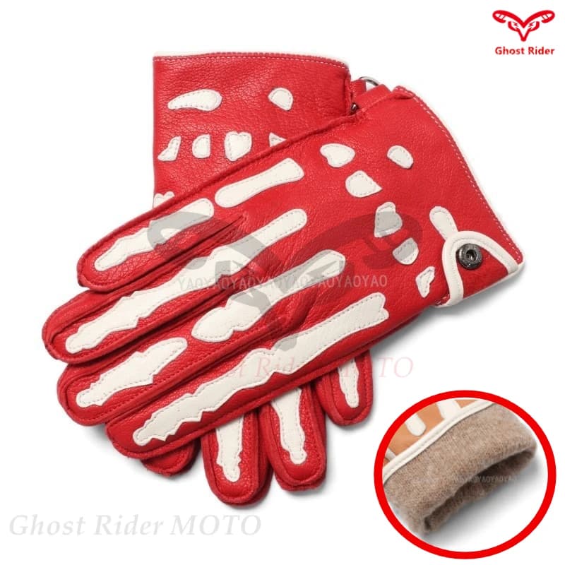 Guanti da moto in pelle di cervo con dita intere, ispessiti e in lana, guanti da guida per auto, rossi