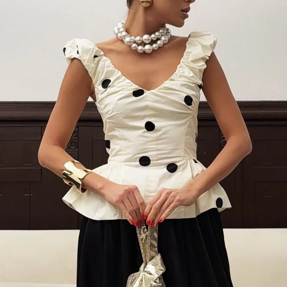 Elegante Top a Pois con Scollo a V Profondo, Gilet in Seta Senza Maniche con Volant e Schiena Scoperta, Blusa Corta Primaverile da Donna con Spalle Scoperte