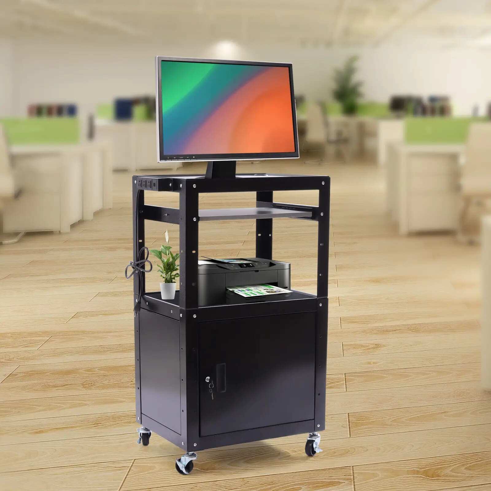 Black portable AV trolley adjustable steel top shelf and multipurpose table for office laptop with current socket