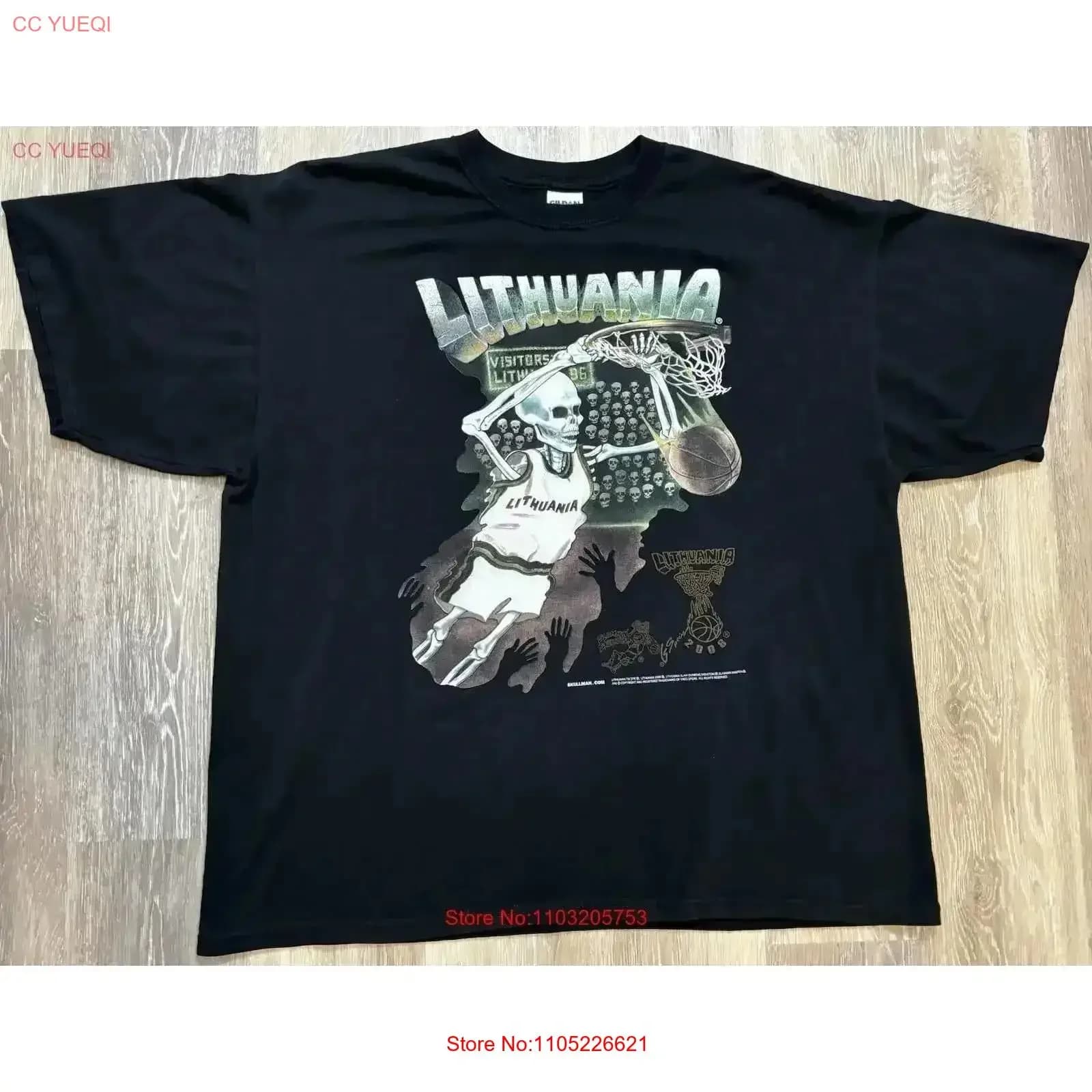 Vintage Lituania Basket Skullman T Shirt XL Slam Dunkin Skeleton 2008 Lavato Versatile Morbido Allungato homme Casual Unisex