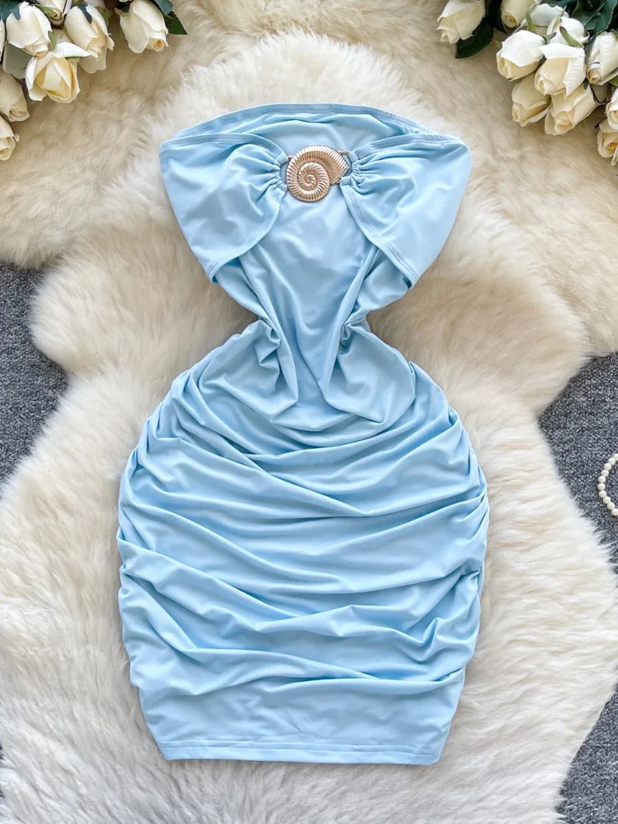 Foamlina Abito da vacanza Abito a tubino Moda donna Mini abito aderente con fibbia in metallo senza maniche a fascia in vita stretta