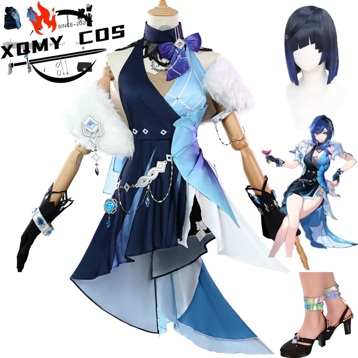 XqAnime Gioco Yelan Costume Cosplay Nuova Pelle Nero Viola; Abito Vita Ornamento Parrucca Scarpa Donna Sexy Carnevale Vestito di Halloween