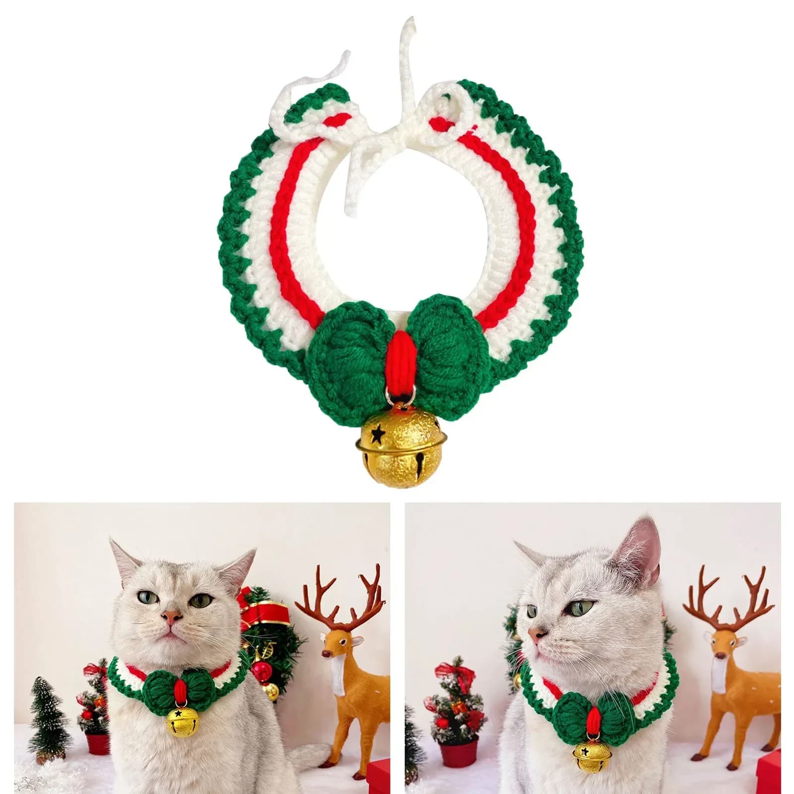 Collare natalizio per animali domestici regolabile carino tessuto a mano gatto e cane lavorato a maglia sciarpa con collare rosso campana M campane dorate