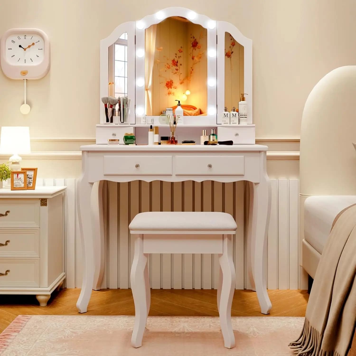 Vanity Desk with Lights - Makeup Vanity Table with Tri-Fold Mirror, 10 Adjustable Hollywood LED Lights, 4 Storage, Custom