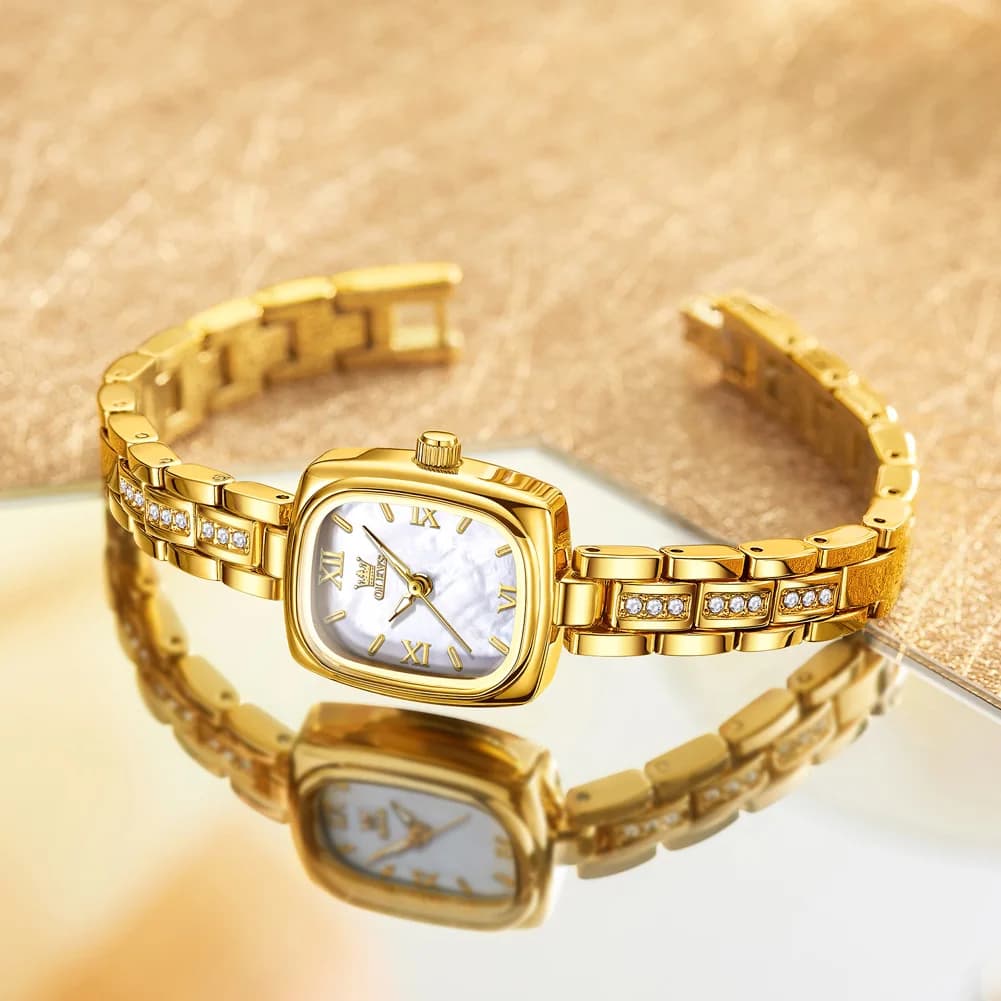 OLEVS Women's Diamond Watch Stainless Steel Raincoat Exclusive Design Golden White Women's Watch Reloj de mujer