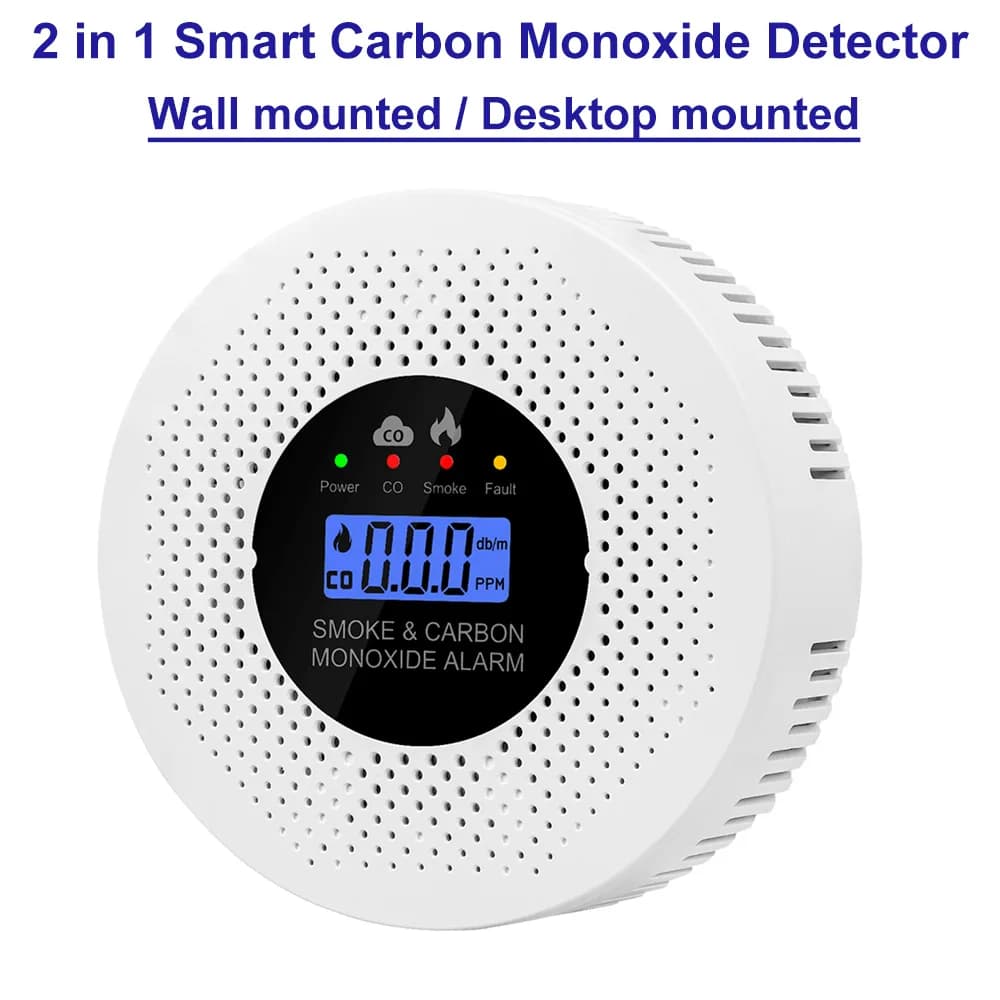 2 in 1 Smart Carbon Monoxide Detector LCD Display Display Carbon Monoxide Alarm Powered by Battery for House Apartment Kitchen