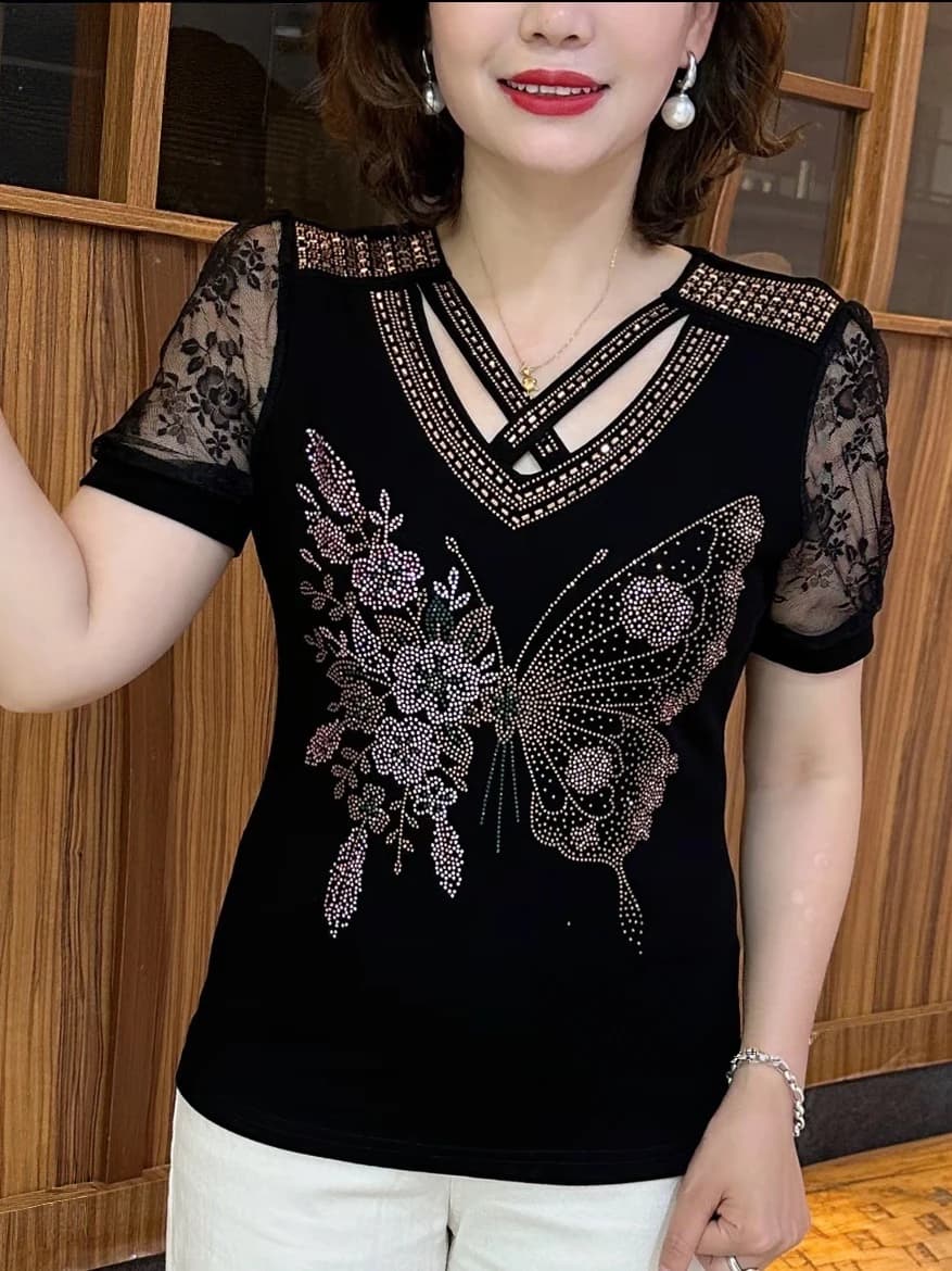 Fashionable Summer Women's T-shirt Cross V-neck Short Sleeve Lace Rhinestone Slim Fit Casual Style Polyester Fiber