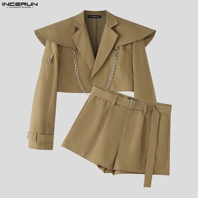 INCERUN Set da uomo Tinta unita Manica lunga Crop Giubbotti e pantaloncini Due pezzi Set Streetwear Allentato 2025 Moda Casual Abiti da uomo