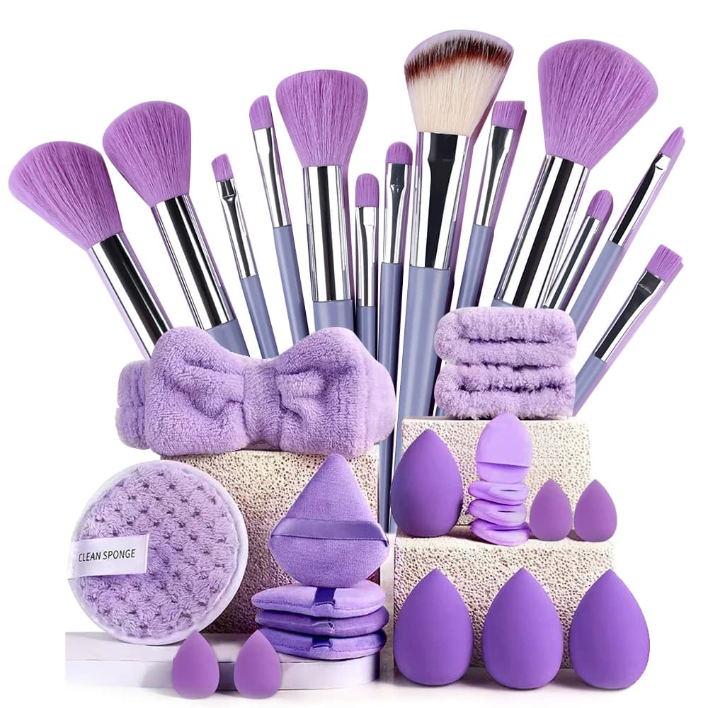33Pcs Makeup Tools Kit Professional Soft Fluffy Makeup Brush Set Foundation Blush Eyebrow Shadow With Headband Wristband Pink