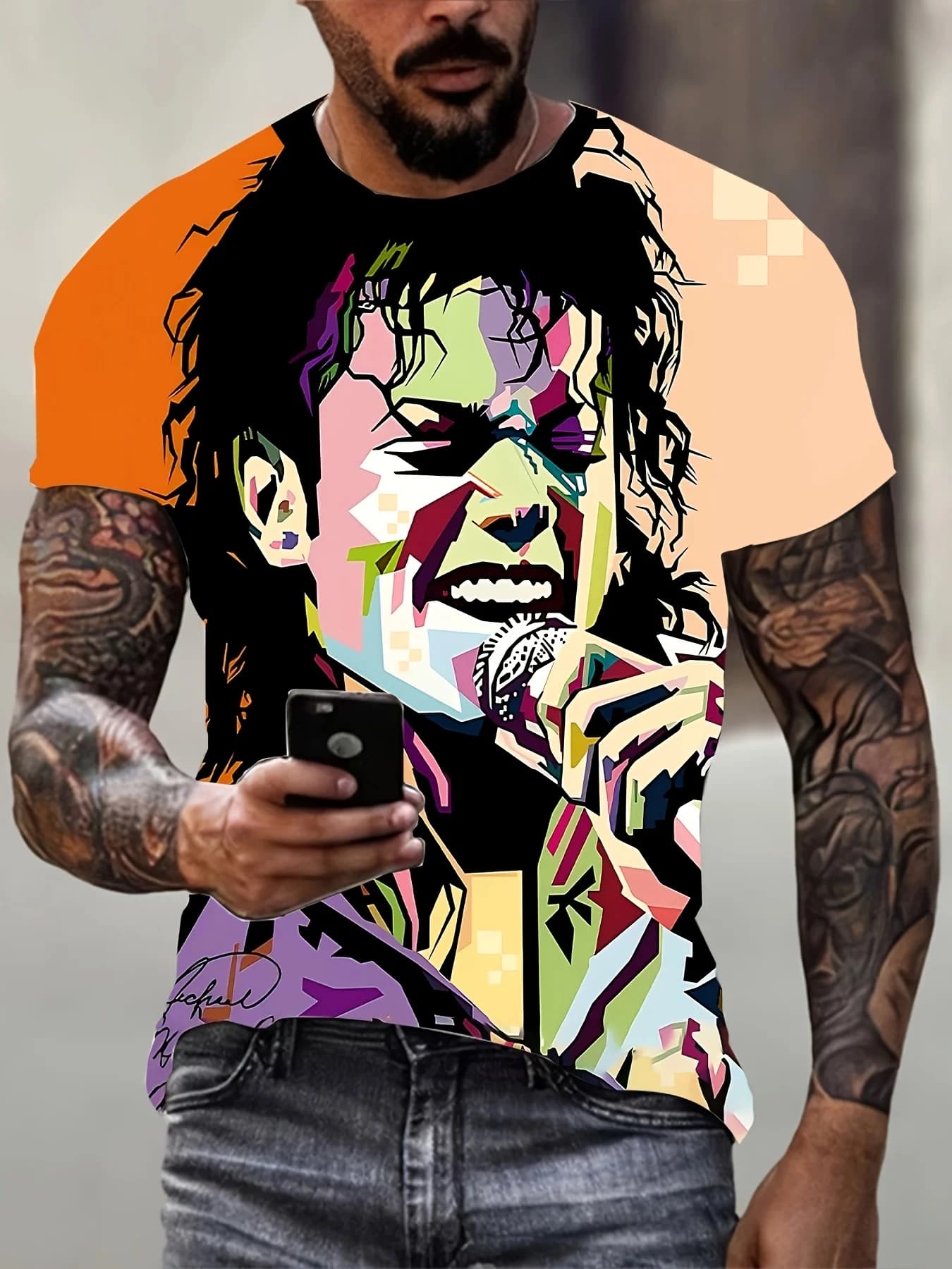 Men Fashion Pop Culture Print T‑Shirt, Abstract Pop‑Art Singer Portrait Art Short Sleeve Crew Neck Casual Fashion Tee