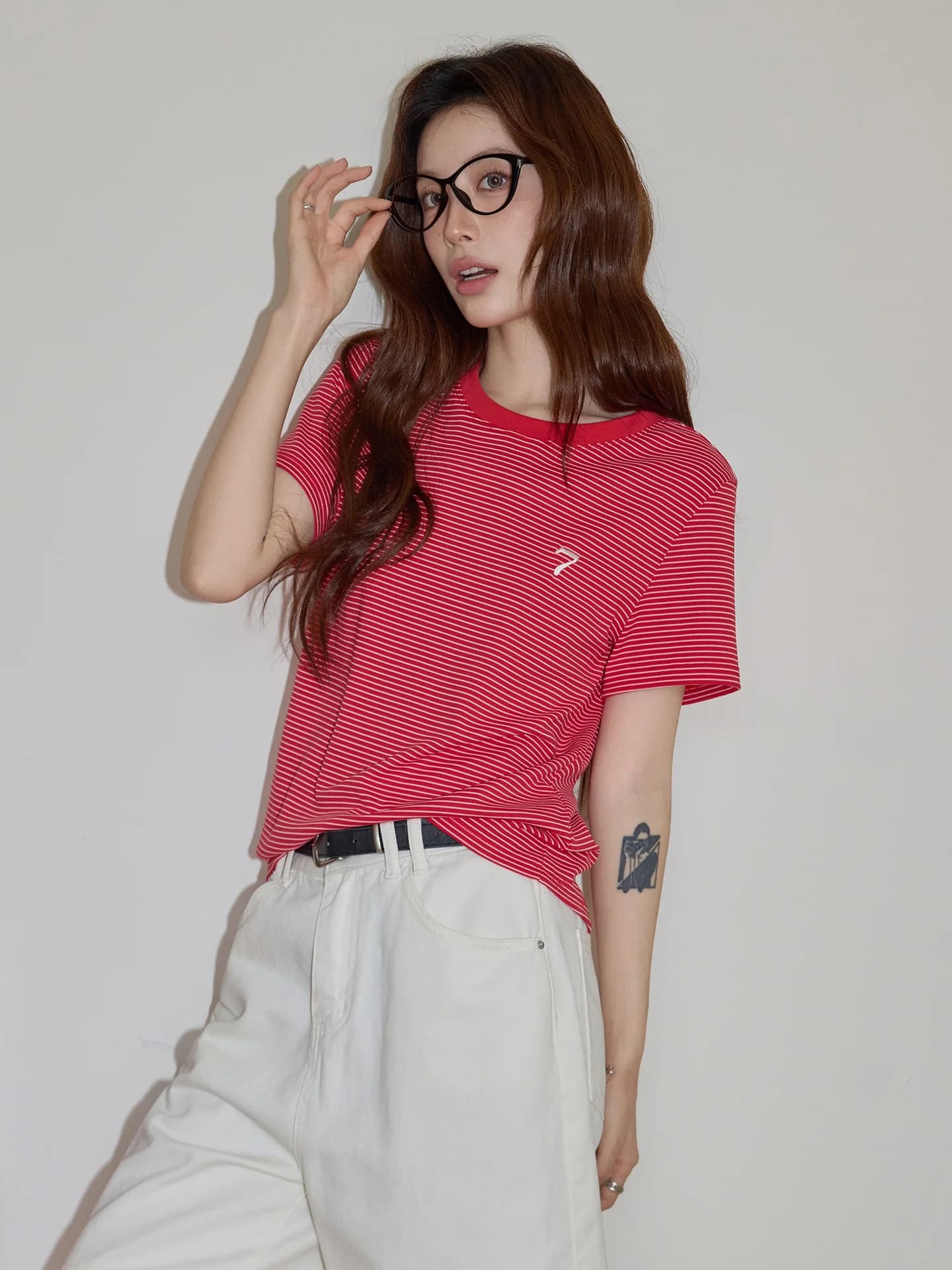 T-shirt da donna girocollo rosso a maniche corte, slim fit, ricamato a righe, alla moda, estivo, stile casual, in misto poliestere