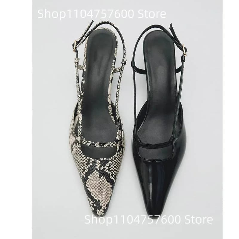Slingback da donna Punta a punta Tacchi bassi e sottili Tacchi alti Design stampato Scarpe classiche in pelle eleganti Eventi Sandali da donna da ufficio