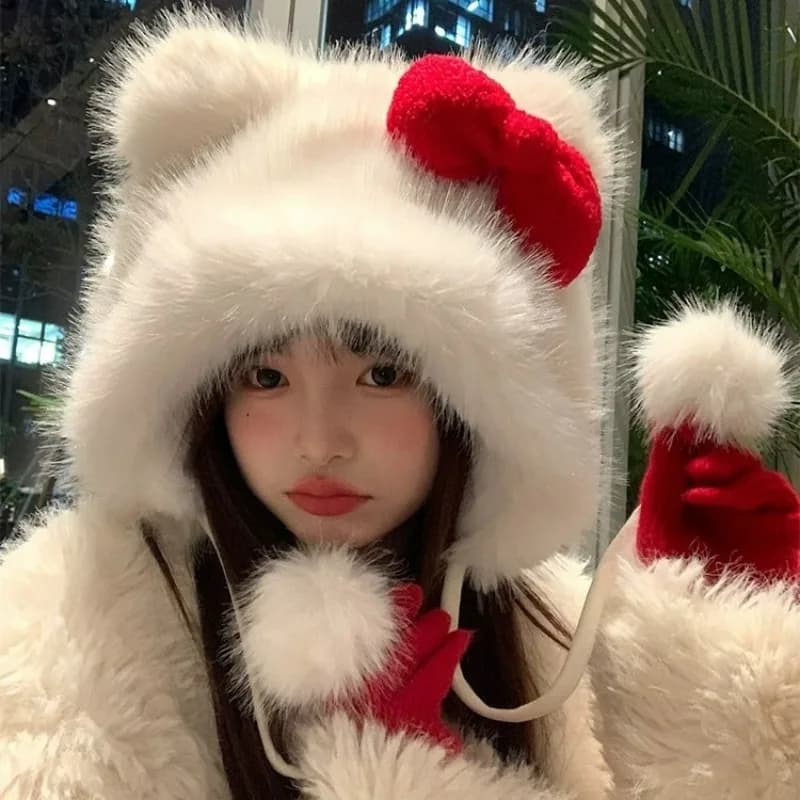 Korean Sweet Bow Plush Cap for Women Winter Girls Keep Warm Windproof Cat Ear Protection Hats Cute Pom-pom Beanie with Lace Bow
