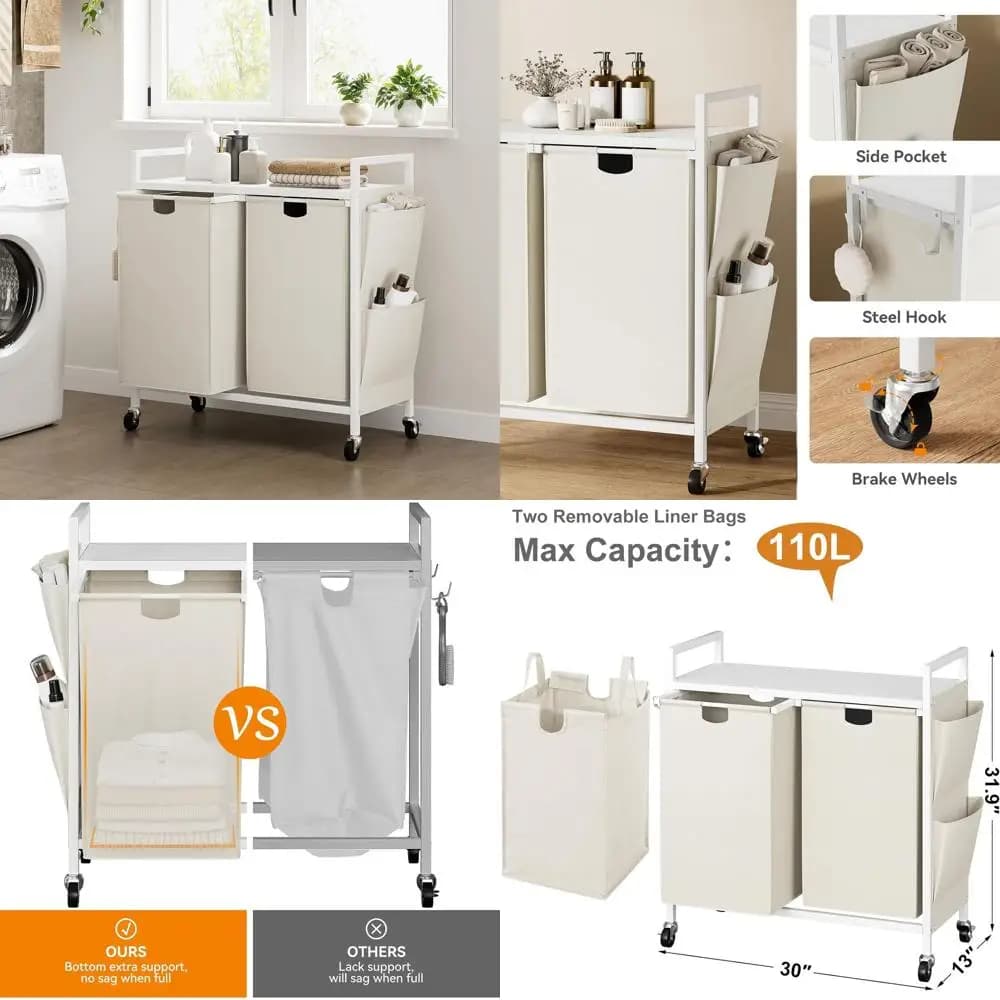 White basket with lid and wheels, metal organizer with top shelf and 2 removable bags to store large clothes, white