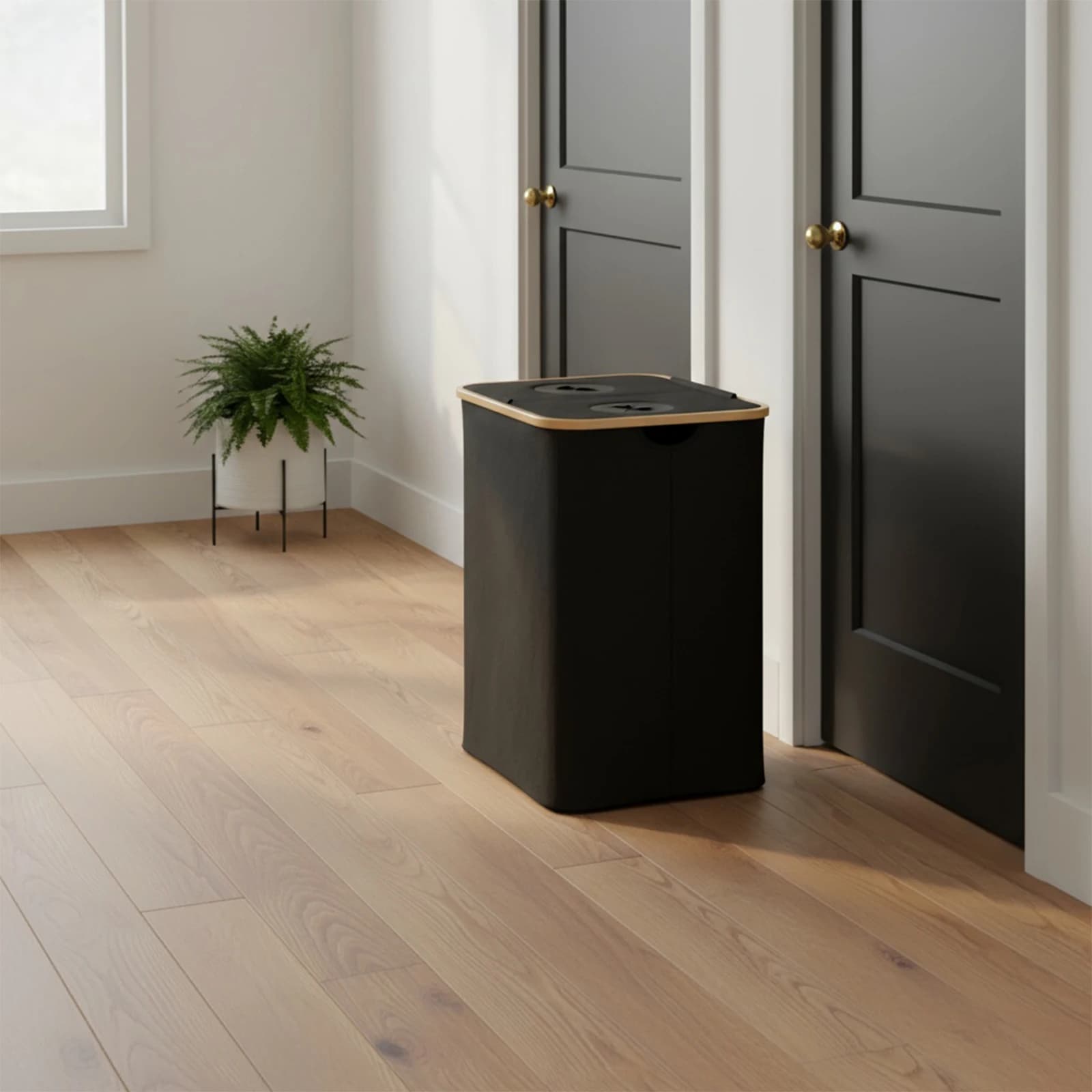 Oxford folding door basket with 2 sections of 140 liters with lid, large double compartment, removable bag for bedroom, bathroom, dorm