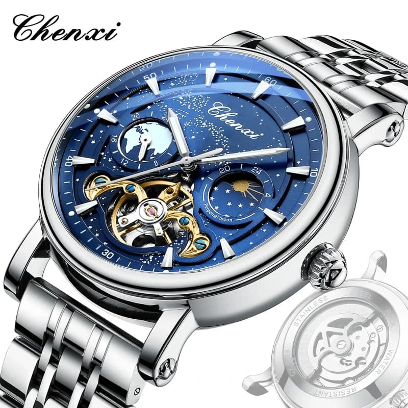 CHANXI 8872 Orologio meccanico completamente automatico con cielo stellato Orologio da uomo con fasi lunari Tourbillon scheletrato con striscia di acciaio per uomo