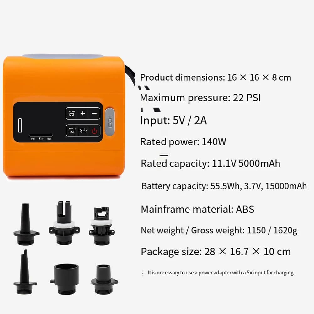 Pompa d'aria elettrica per kayak Paddle Boards SUPs Gommoni Batteria al litio portatile alimentata con ugelli multipli