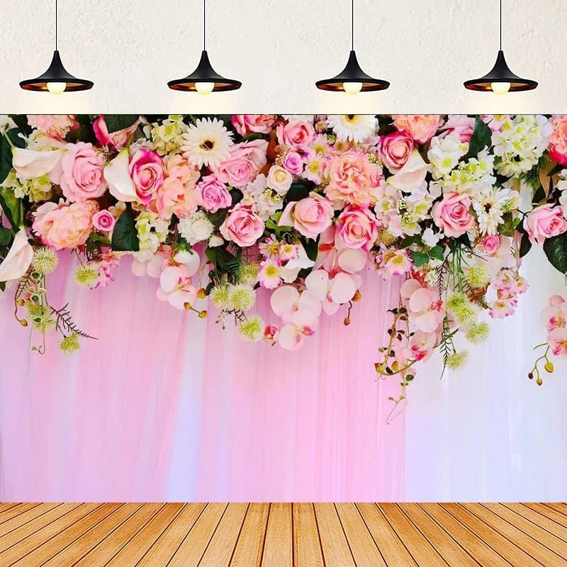 Sfondo fotografico con poster floreale rosa, poster con tenda rosa, banner per photo booth, sfondo per baby shower, per oggetti di scena da studio