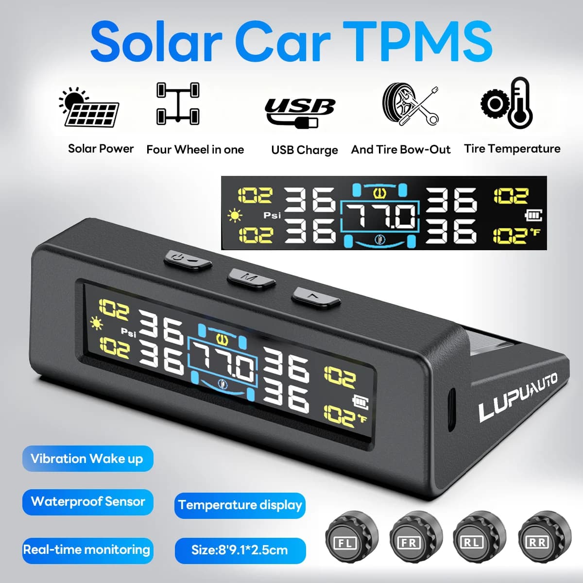 Sistema di monitoraggio pressione pneumatici TPMS universale intelligente per auto con display LCD digitale, ricarica solare/USB, 4 o 6 sensori, allarme di sicurezza automatico, manometro intelligente per temperatura e pressione aria pneumatici