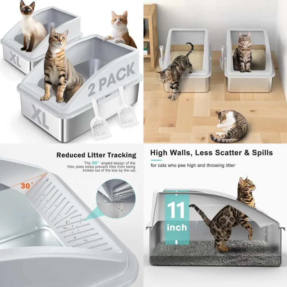 Lettiere per gatti chiuse extra large in acciaio inossidabile con coperchio per gatti di grandi dimensioni e animali domestici multipli | Sati alti, spray anti-urina,