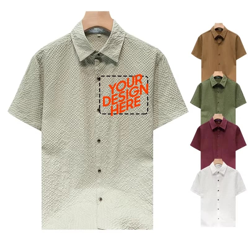 Fai da te il tuo logo Camicia da uomo Manica corta Filato a bolle Tessuto con trama convessa Camicia a maniche corte con colletto ribaltabile ad asciugatura rapida sottile