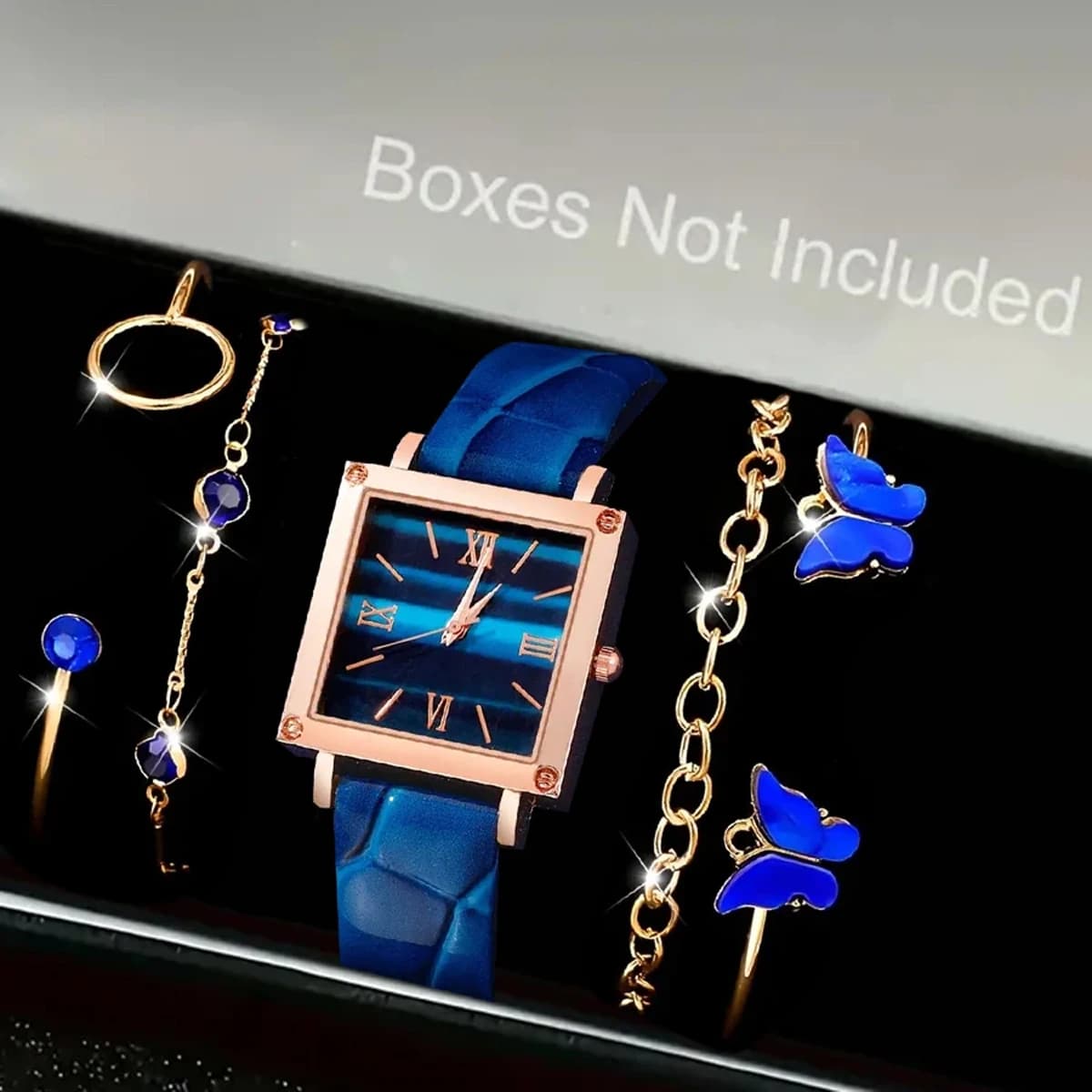 Set of 5 Fashion Women's Watches with Square Leather Strap, Quartz Clock and Jewelry Set with Rhinestones (Senza Box)