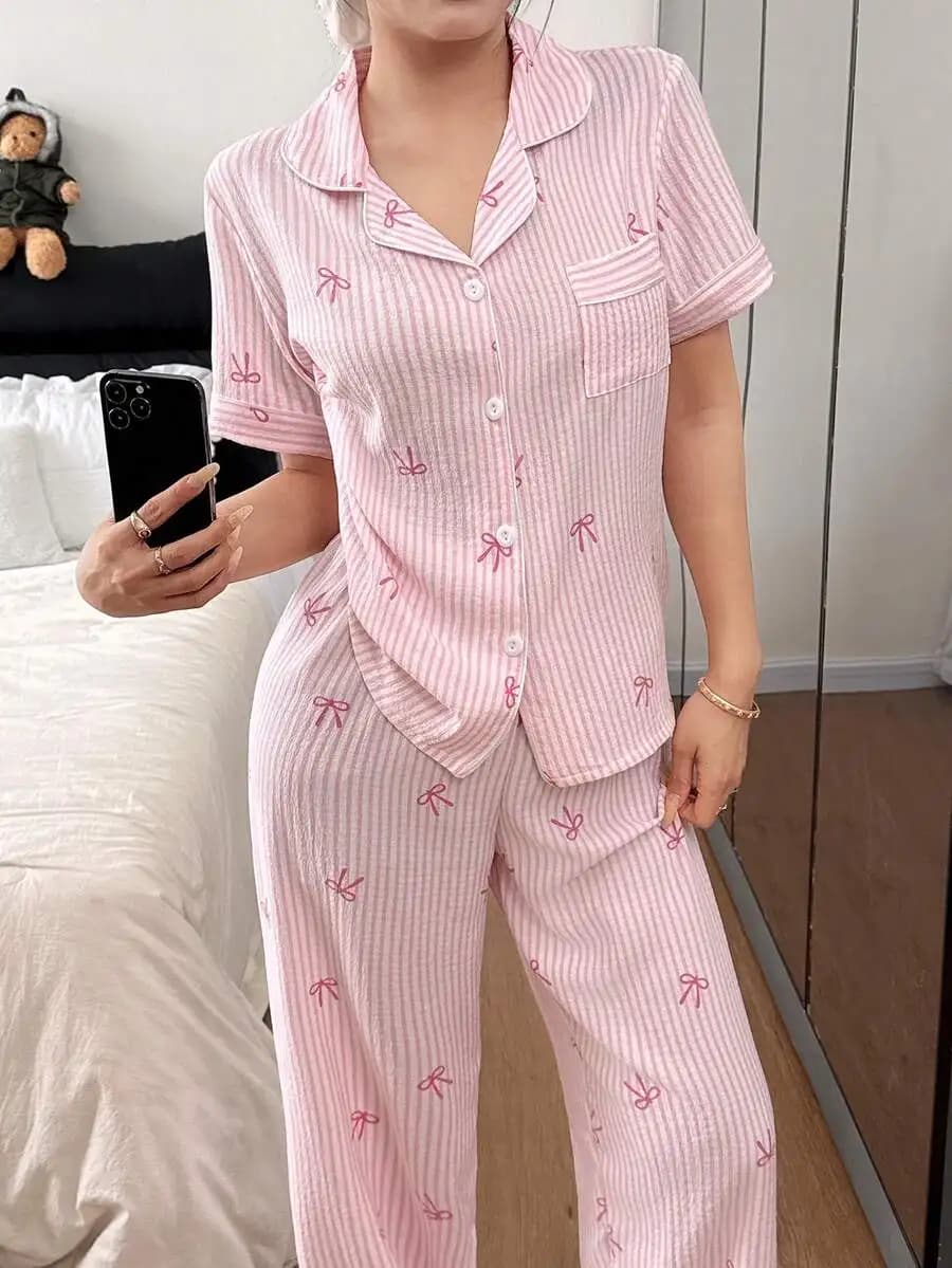 Luxury Satin Silk Pajama Set For Women, Short Sleeve Button-Up Cardigan Top And Loose Pants, Soft Smooth High-End Silky Breathable Loungewear, Minimalist Chic Slimming Casual Homewear, Machine Washable