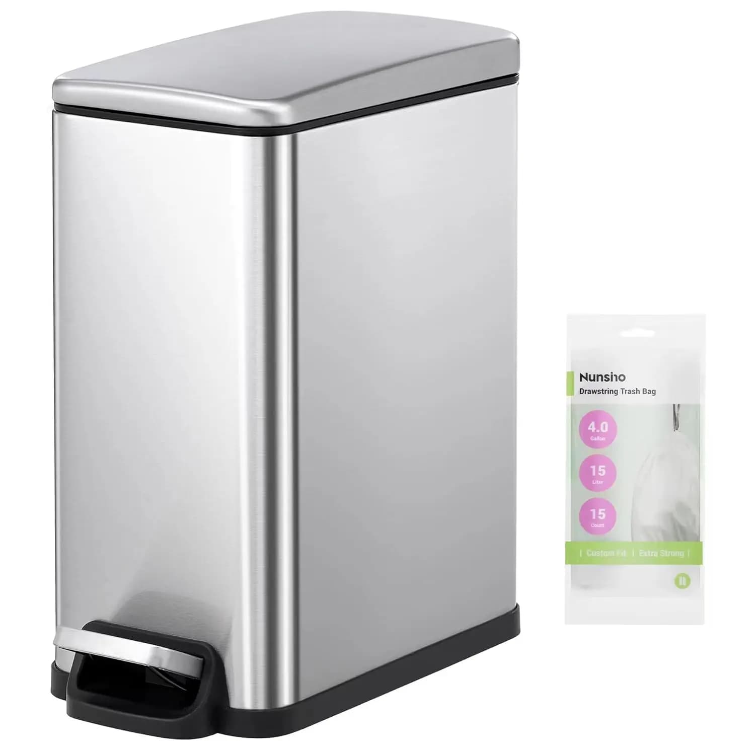 Cestino per Rifiuti Compatto in Acciaio Inox da 2,6 Galloni con Coperchio a Chiusura Morbida e 15 Sacchetti per Bagno, Cucina, Ufficio