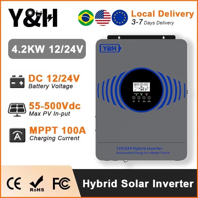 [US/DE/BR Disponibile] Y&H 2.3KW 4.2KW Inverter solare ibrido 12V 24V 230V Off Grid Inverter sinusoidale puro con caricatore solare MPPT 100A