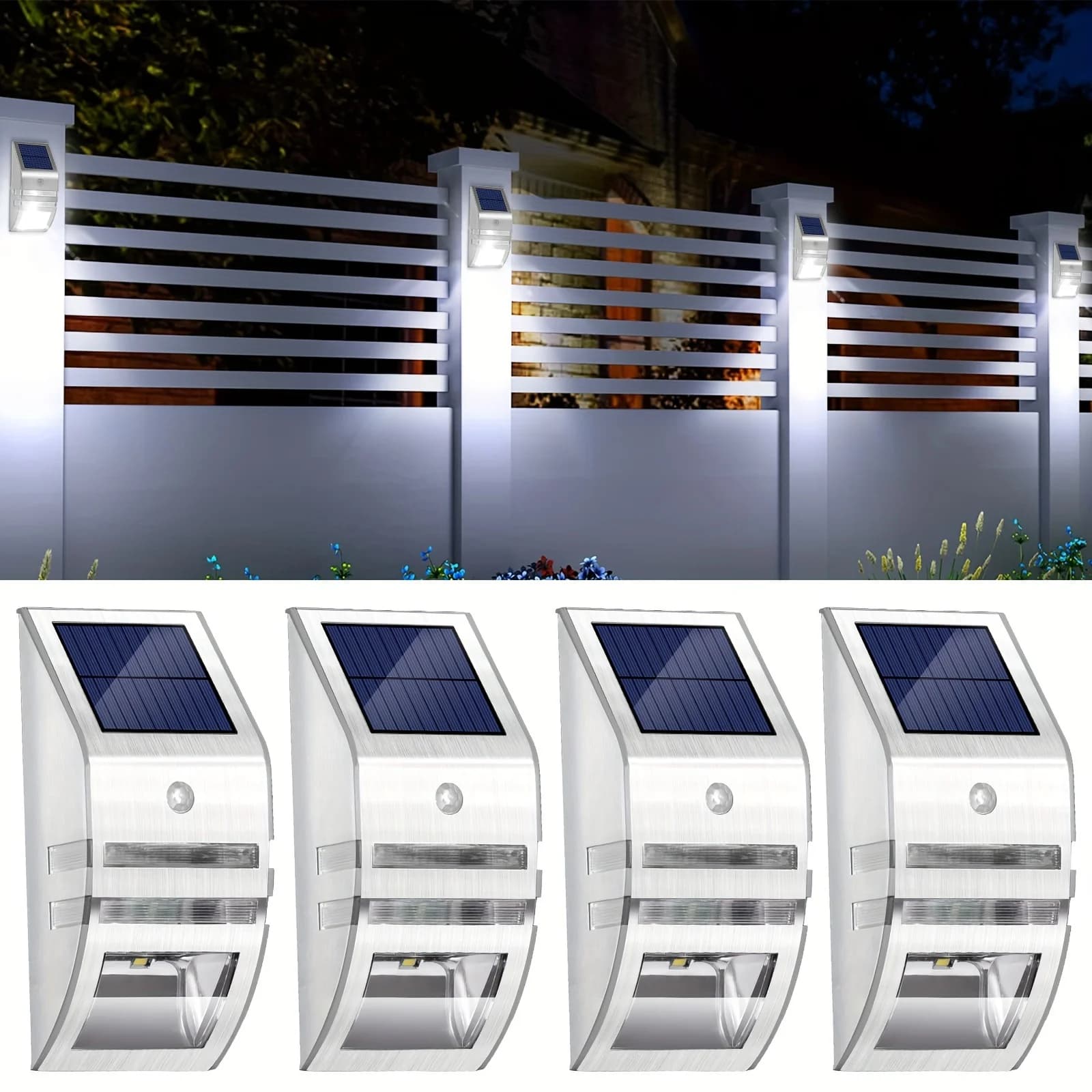 Luce per recinzione solare Sensore di movimento Recinzione Ponte Porta d'ingresso Giardino Cortile Luce di sicurezza esterna in acciaio inossidabile per recinzioni esterne