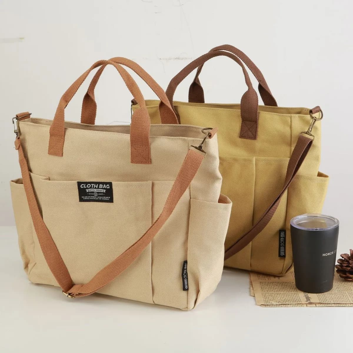 Canvas Tote Bag, Thickened Multiple Pockets Handbag Japanese Style Casual Student Computer Handheld Tote Shoulder Messenger Bag