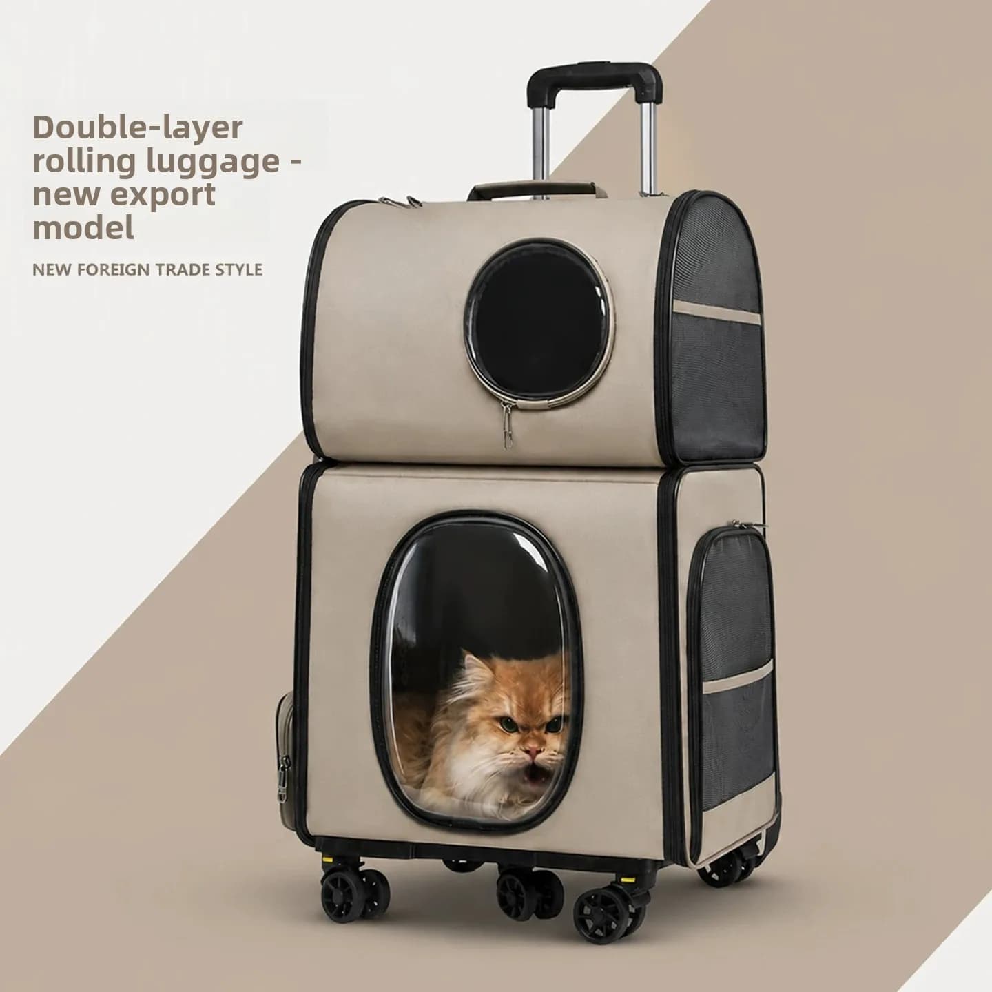 Double‑Layer Pet Trolley Carrier Backpack Large Capacity Rolling Cat Dog Travel Bag Portable For Small Pets Outdoor Walking
