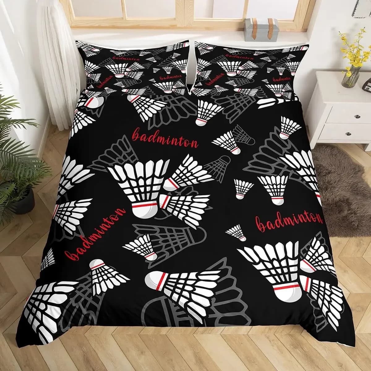 Set copripiumino da badminton Set biancheria da letto sportiva da badminton per bambini Set di copripiumino nero con motivo per giochi di palla per ragazzi e ragazze
