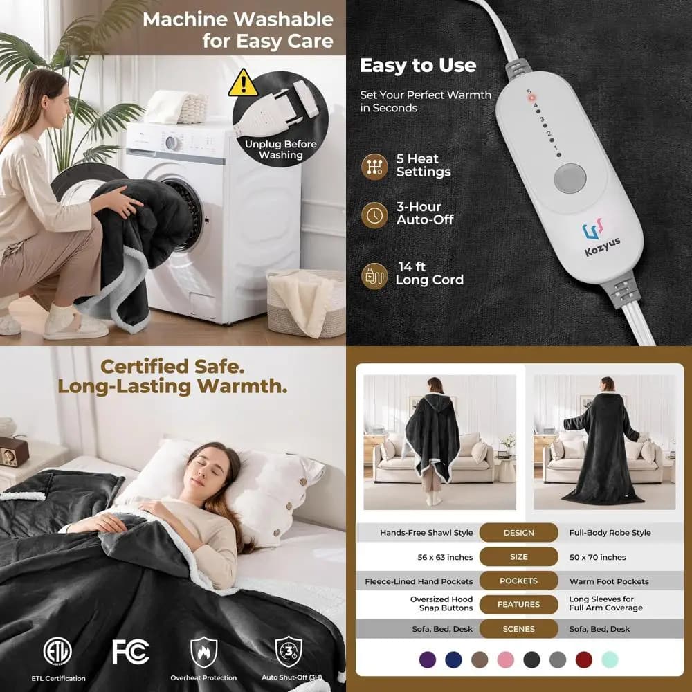 Coperta riscaldata elettrica con cappuccio e tasche, 5 impostazioni, spegnimento automatico, lavabile, grigia, unisex