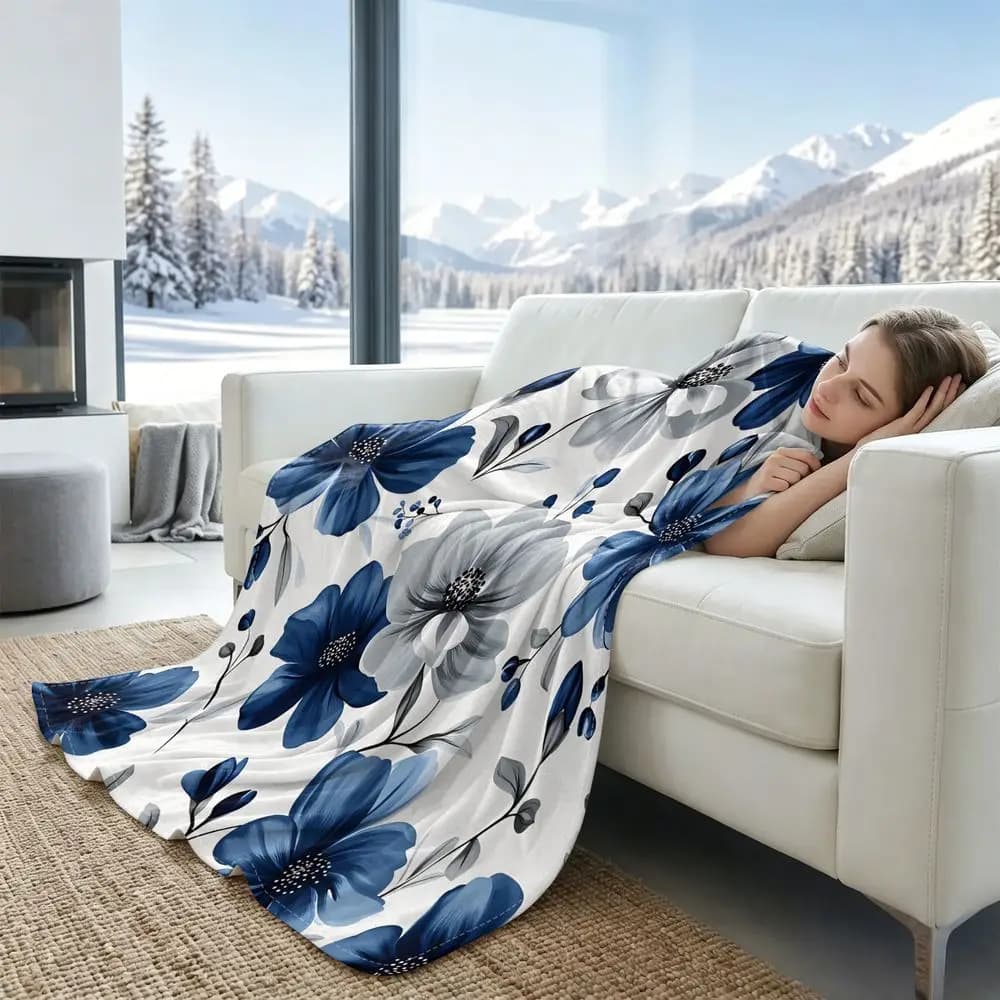 Vintage Blue Grey Floral Print Cooling blanket Q MAX 0.3 Cool Thin Breathable All Season Sofa Bed Blanket