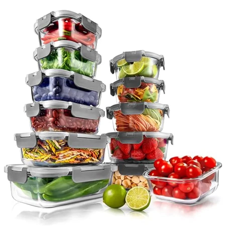 Set di 24 Contenitori in Vetro per Alimenti, 12 Contenitori Impilabili Resistenti per Preparazione Pasti con 12 Coperchi Ermetici, Adatti per Microonde, Congelatore e Lavastoviglie