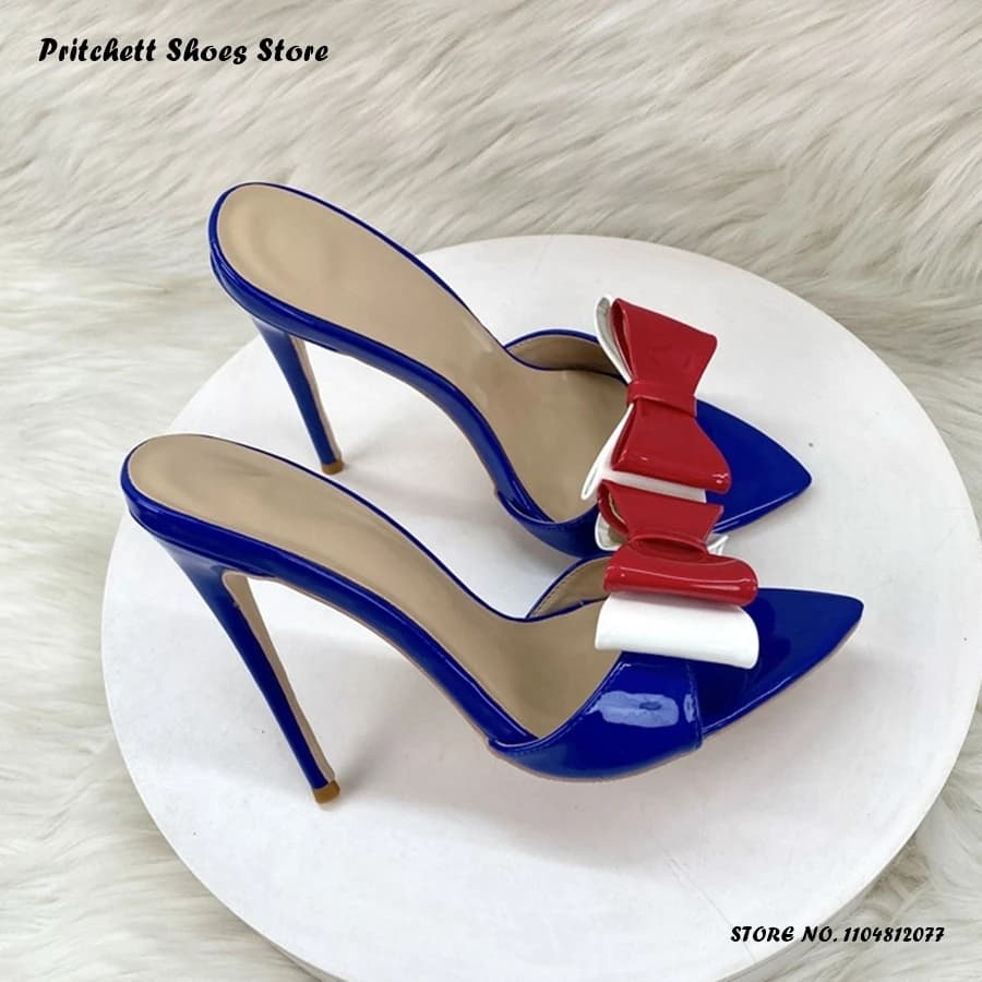 Women's Dual Bowknots Stiletto Mules Summer Sweet Pull On Banquet Fashion Slippers Sexy Pointed Open Toe Thin Heels Footwear