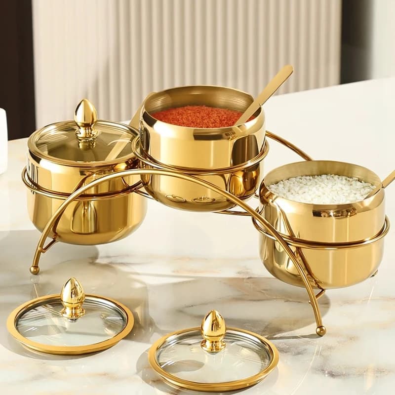 ‌ Set di spezie in acciaio inossidabile-304 Barattoli da cucina con cucchiai Contenitori dorati per olio e sale Organizzatore per spezie per cucina domestica