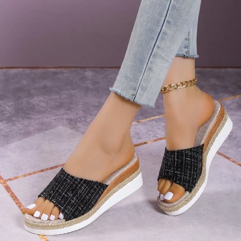 Sandali con Zeppa da Donna, Espadrillas con Plateau, Mules Open Toe, Scarpe Estive da Spiaggia, Ciabatte Casual in Tweed Testurizzato per Donna