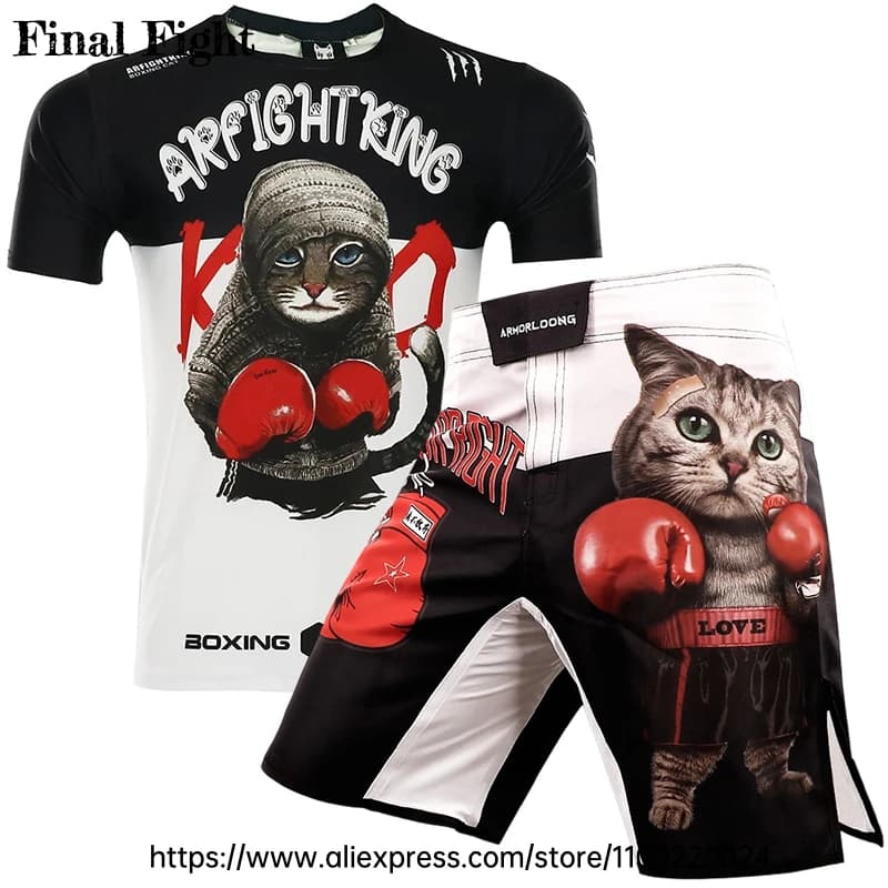 Pantaloncini BJJ MMA da uomo Gatto sublimato Kickboxing Uniforme da combattimento Arti marziali ad asciugatura rapida Jiu Jitsu Muay Thai Pantaloncini da boxe Rash Guard