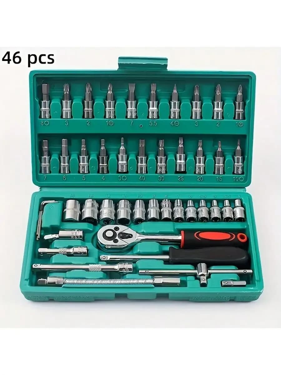 Set di chiavi a cricchetto da 46 pezzi con attacco da 1/4 di pollice, con kit di bussole metriche e asta di prolunga, per riparazione auto e uso domestico, con scatola portaoggetti, set di chiavi a cricchetto e asta di prolunga universale con prolunga a barra scorrevole, utensili per uomo
