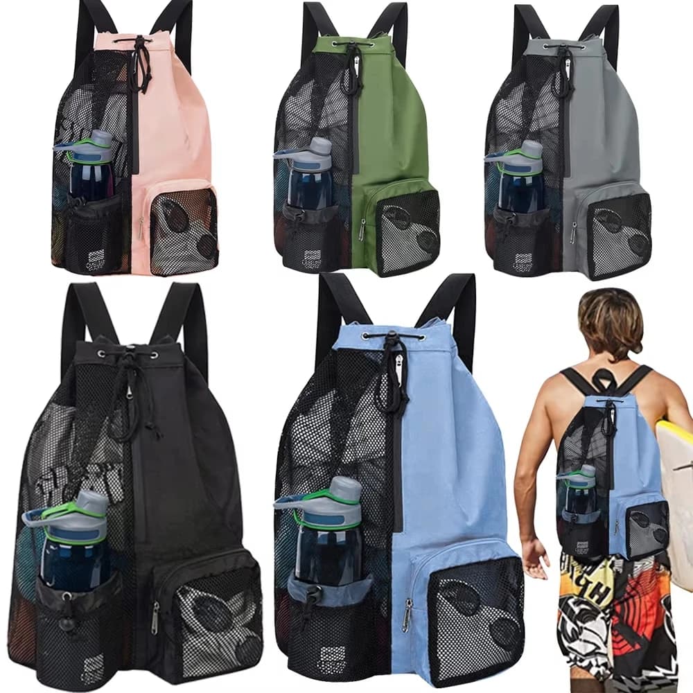 Zaini da spiaggia con coulisse, borsa da nuoto con tasche impermeabili, rete rinforzata, leggeri e comodi per attrezzatura da allenamento