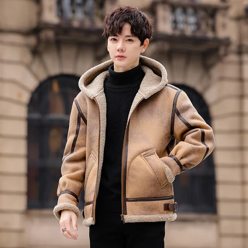 Men's American Style Loose Fit Hooded Fur Lined Thickened Winter Jacket Suede Outerwear Warm Retro Style Youth Coat