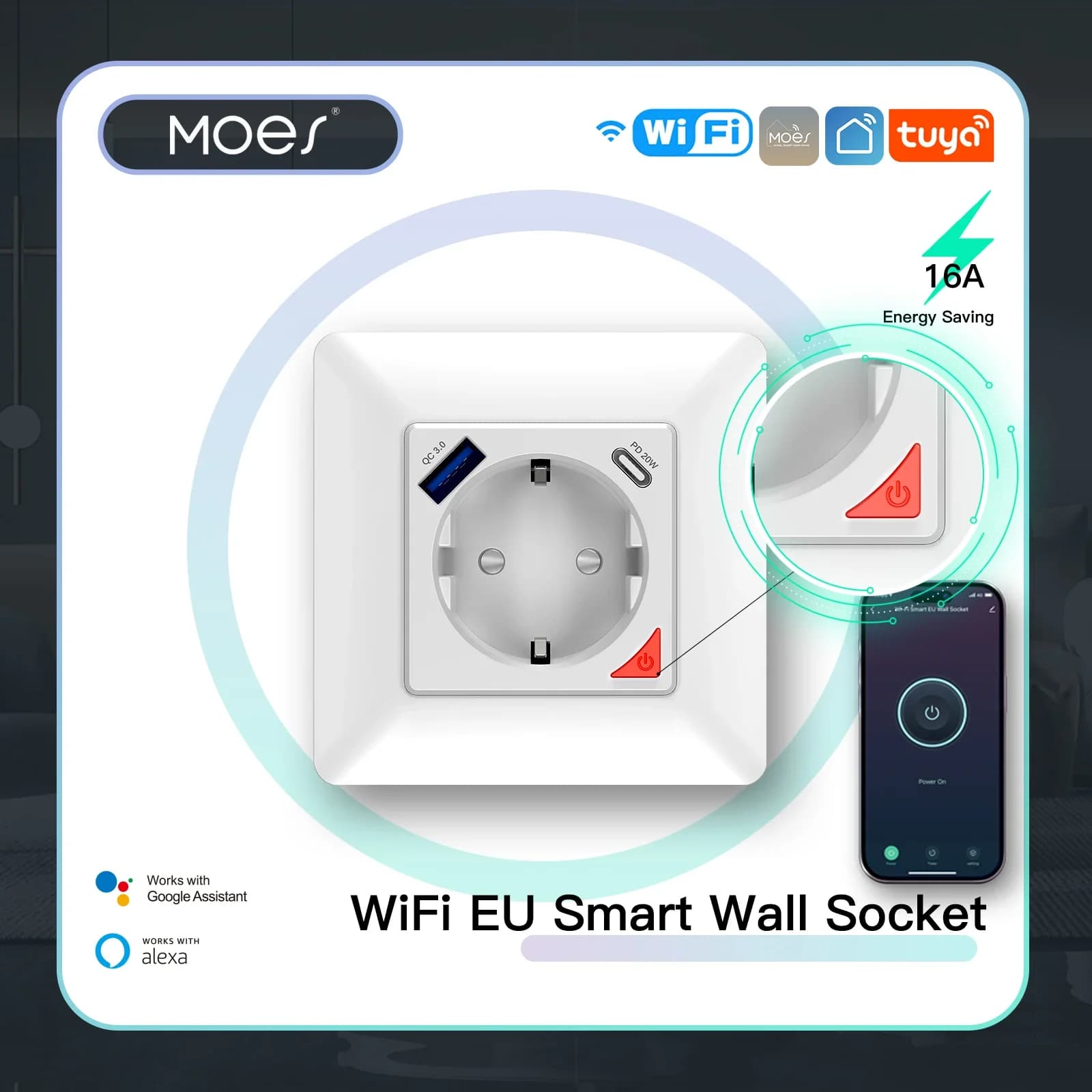 MOES WiFi Tuya Intelligent Power Plug EU Quick Charge USB Type-C APP Remote Control Vocal Control Alexa Google Home