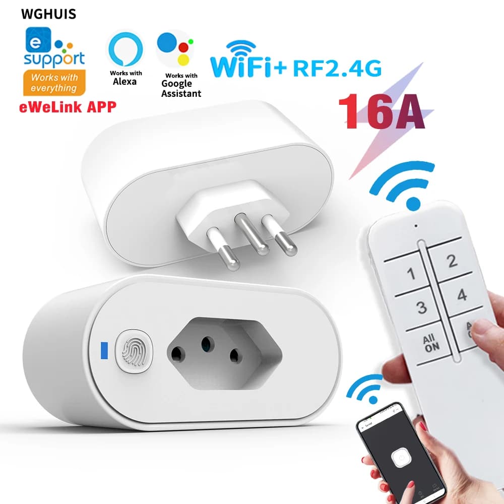 Wi-Fi smart socket with wireless remote control, supports control via eWeLink app, compatible with Alexa and Google Home for voice control.