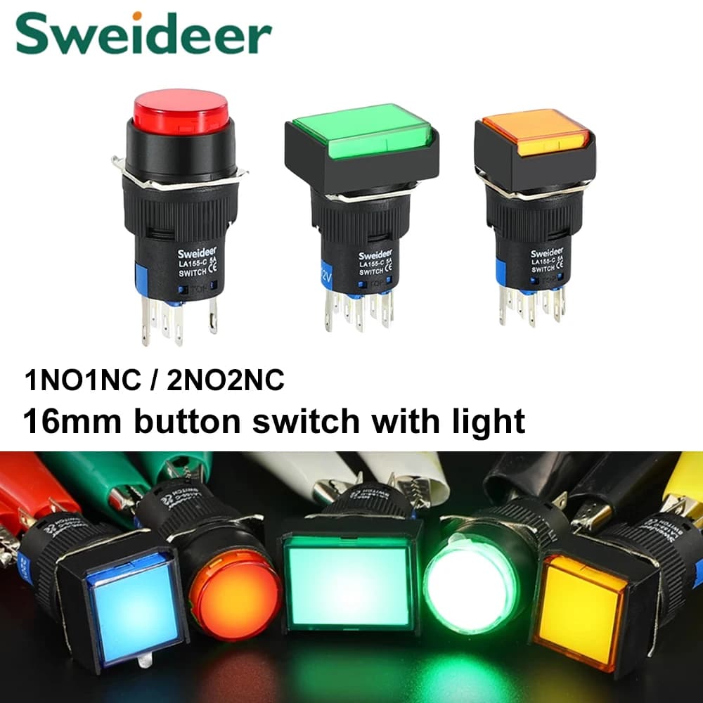 Interruttore a pulsante da 16mm LED illuminato 12/24/220V momentaneo autobloccante on Off con interruttore di alimentazione rettangolare rotondo quadrato chiaro