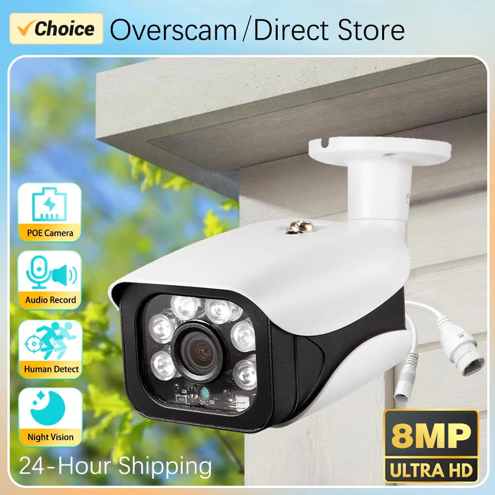 POE Bullet IP Security Camera in Metal 8MP 5MP, Supports NVR POE 4K, Audio Recording, External Video Surveillance Kit, Home CCTV Camera Set